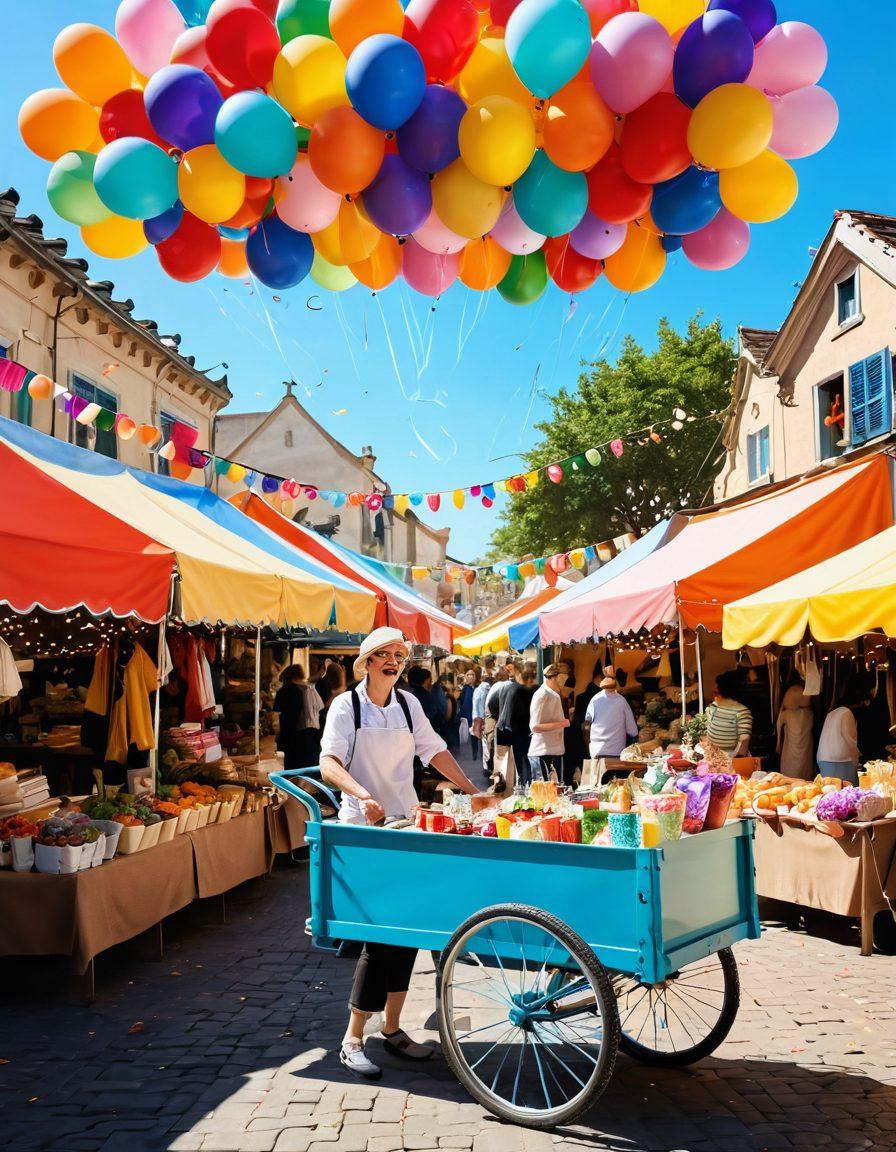 A whimsical marketplace scene showcasing a vibrant cart filled with colorful products, where a cheerful vendor interacts with joyful customers. The atmosphere is filled with laughter and a sense of merriment, with floating balloons and confetti in the air. The background features a sunny sky and stalls adorned with bright banners. A warm, inviting color palette enhances the festive feel. cartoonish style. vibrant colors. playful atmosphere.