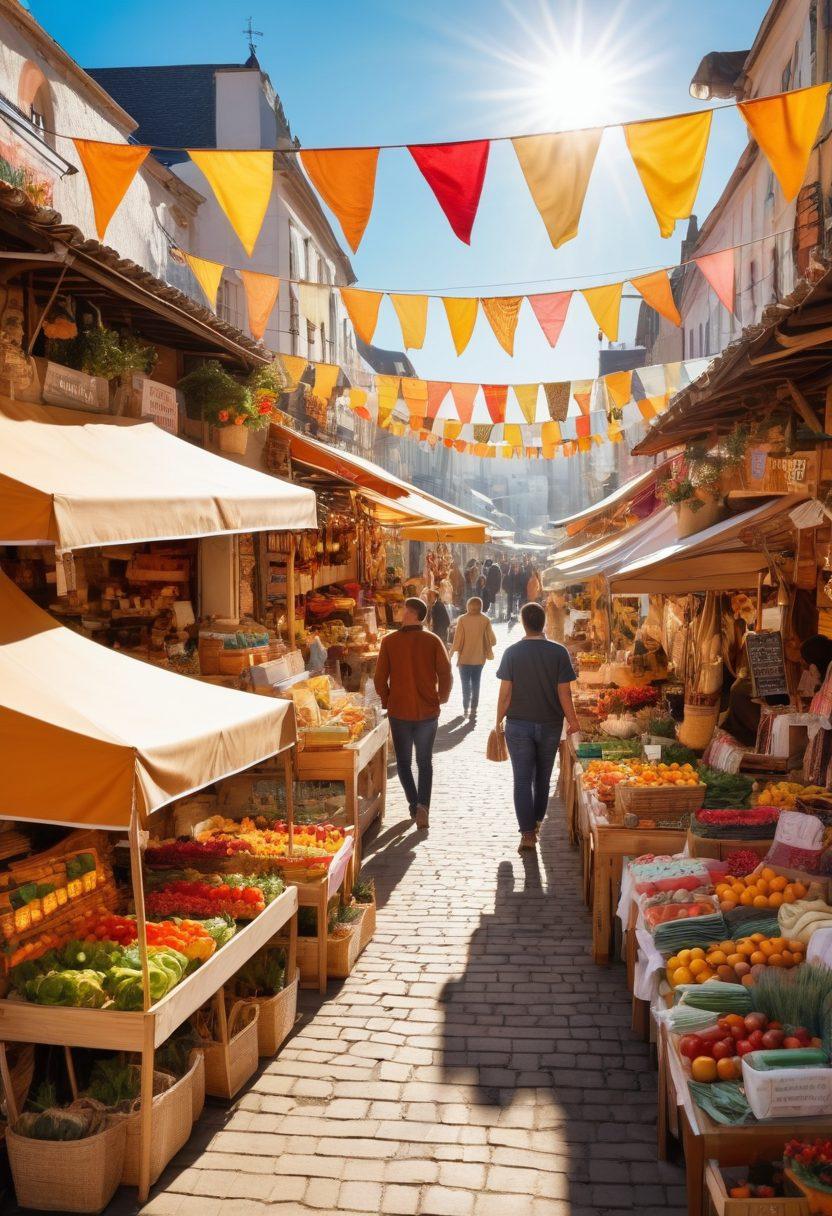 A vibrant marketplace scene with happy customers interacting with cheerful sellers, showcasing diverse products like handmade crafts, fresh produce, and tech gadgets. Include colorful banners with motivational phrases about customer satisfaction and engagement, and a visible atmosphere of community and connection. The sun is shining, adding a warm glow to the scene. super-realistic. vibrant colors.