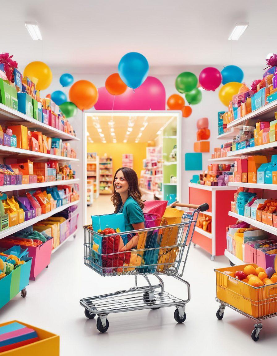 A vibrant online shopping scene showcasing diverse happy customers exploring a colorful digital marketplace. Include elements like virtual shopping carts, engaging product displays, and cheerful interactions between customers and virtual assistants. Emphasize a modern, user-friendly interface with a sense of excitement and joy. Bright colors, dynamic compositions, and a hint of whimsy enhance the visual narrative. super-realistic. vibrant colors. white background.